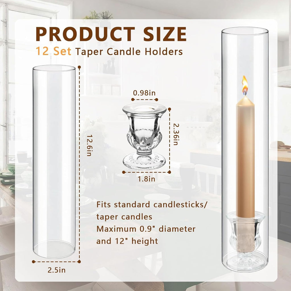 12 Sets Glass Hurricane Candle Holders - 12.6" Glass Candlestick Holders with Clear Tall Cylinder Candle Sleeves for