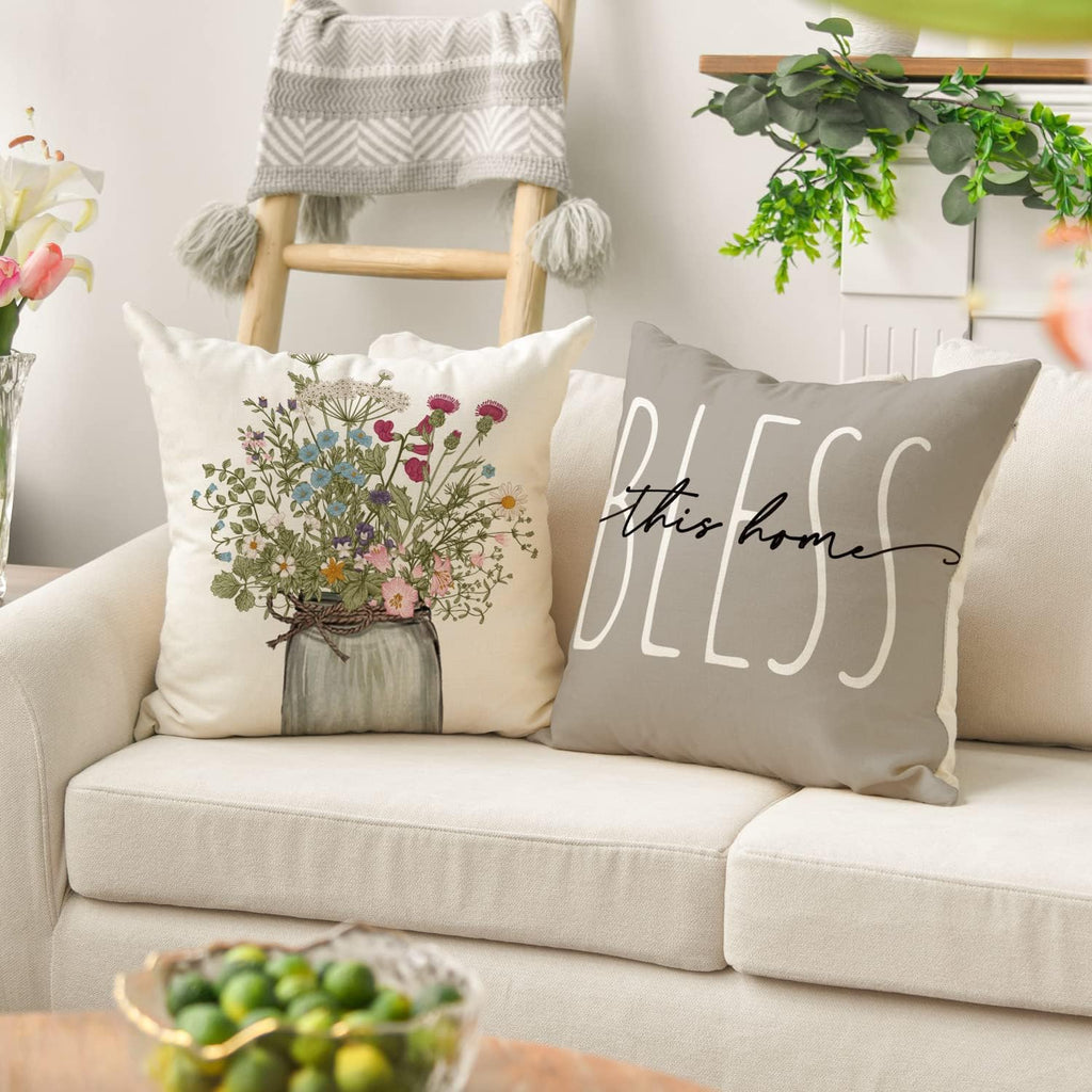 Spring Wildflowers Home Sweet Home Throw Pillow Covers, 18x18 Inch Seasonal Cushion Case Decoration