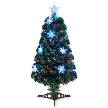 3ft Pre-Lit Fiber Optic Christmas Tree for Tabletop, Small Mini Artificial Xmas Full Tree with Colorful Snowflake LED