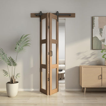 Bifold Glass Barn Door, 32Inch Bi Fold Sliding Barn Door Kit with Hardware Include, 3-Panel Glass Ba