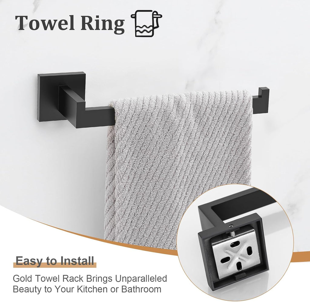 Black Bathroom Towel Bar Set Square 5 Pieces Bathroom Hardware Set Matte Black Towel Holder Set Wall Mounted,SUS304