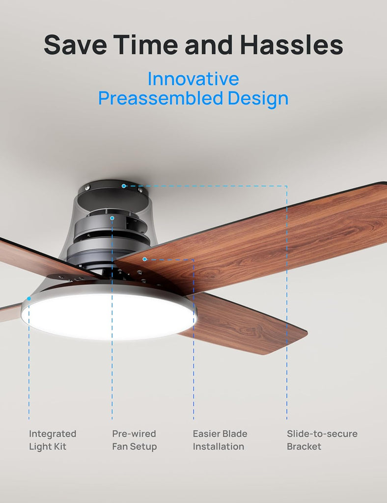 Ceiling Fan, 44 Inch Low Profile Ceiling Fan with Light and Remote, 5CCT LED, 6-Level Dimmable, 6-Speed