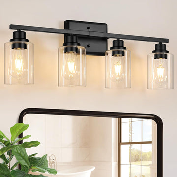 Modern Bathroom Light Fixtures, 4 Light Vanity Lights Over Mirror, Black Wall Lamp with Clear Glass Cabinet Bedroom
