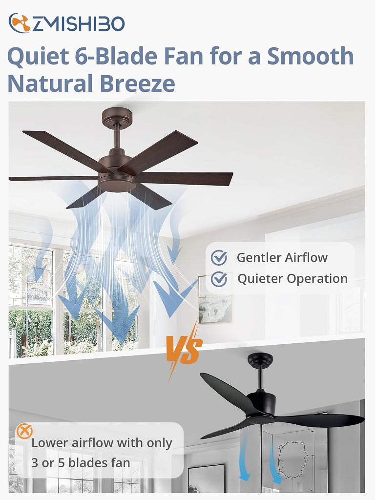 42 Inch Ceiling Fans No Lights, Farmhouse Rustic Ceiling Fan Without Light, 6 Blades, Quiet Reversible DC Motor