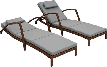 Wicker Chaise Lounge Chair Outdoor 5-Position Reclining Gray | Set of 2, Pool Lounge Chairs with Wheels, Rattan