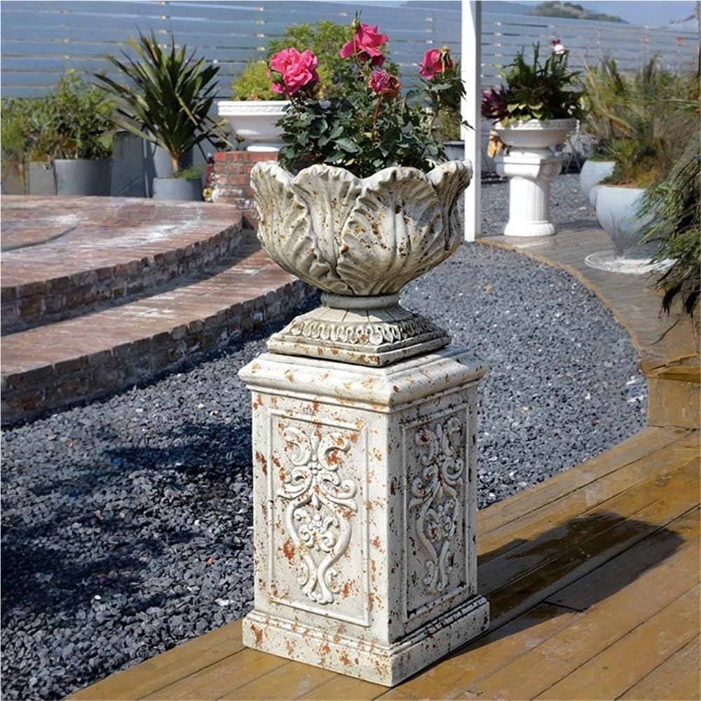 Outdoor Magnesium Oxide Urn Planter, Retro Distressed Flower Pots | Pedestal Planter with Embossed Design