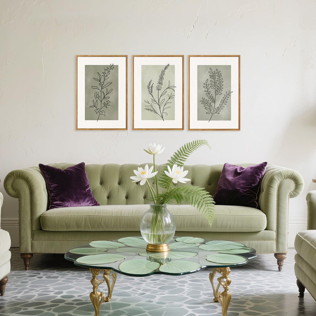 Botanical Sage Leaf Framed Canvas Wall Art Set Of 3, Minimalist Wall Decor, Boho Nature Floral Greenery Wall