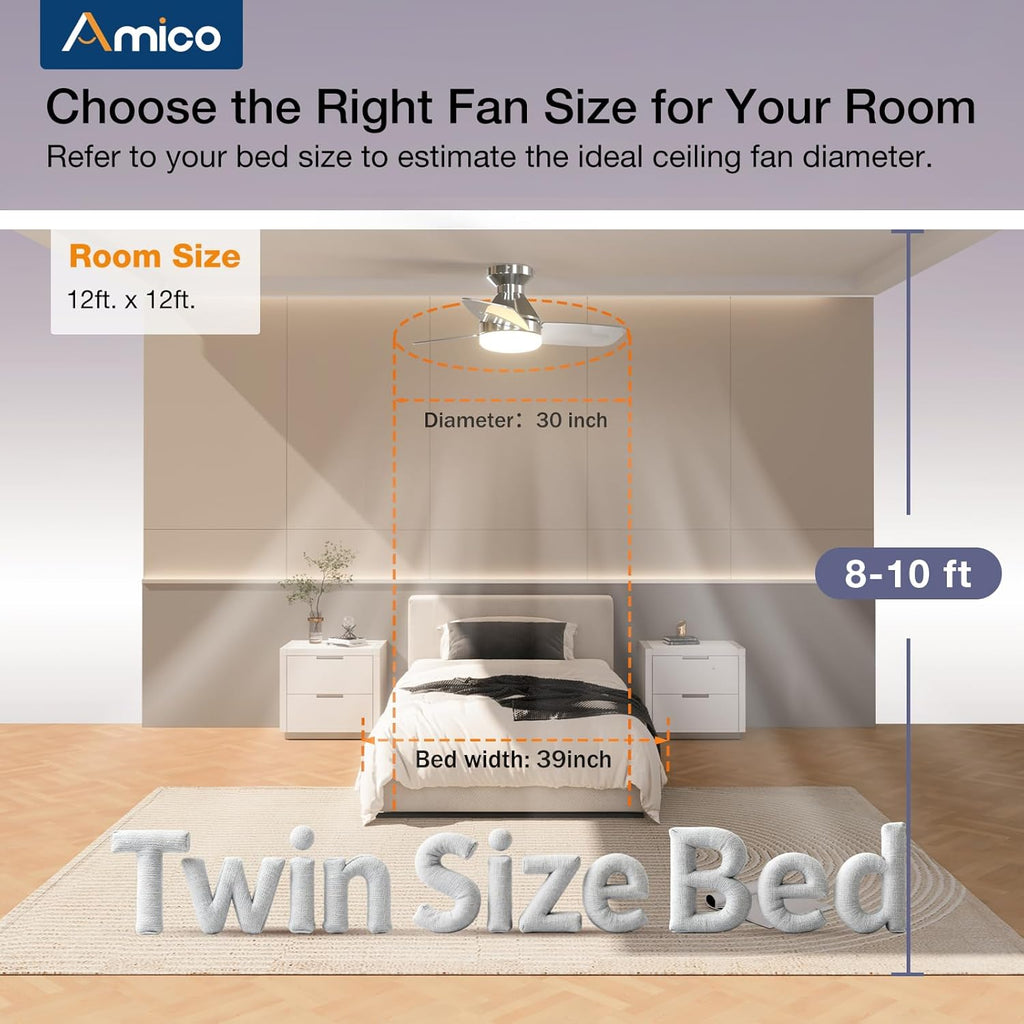 Ceiling Fans with Lights, 30 inch Low Profile Ceiling Fan with Light and Remote Control, Flush Mount, Reversible, 3CCT, Dimmable, Noiseless, Nickel Ceiling Fan for Bedroom, Indoor/Outdoor Use