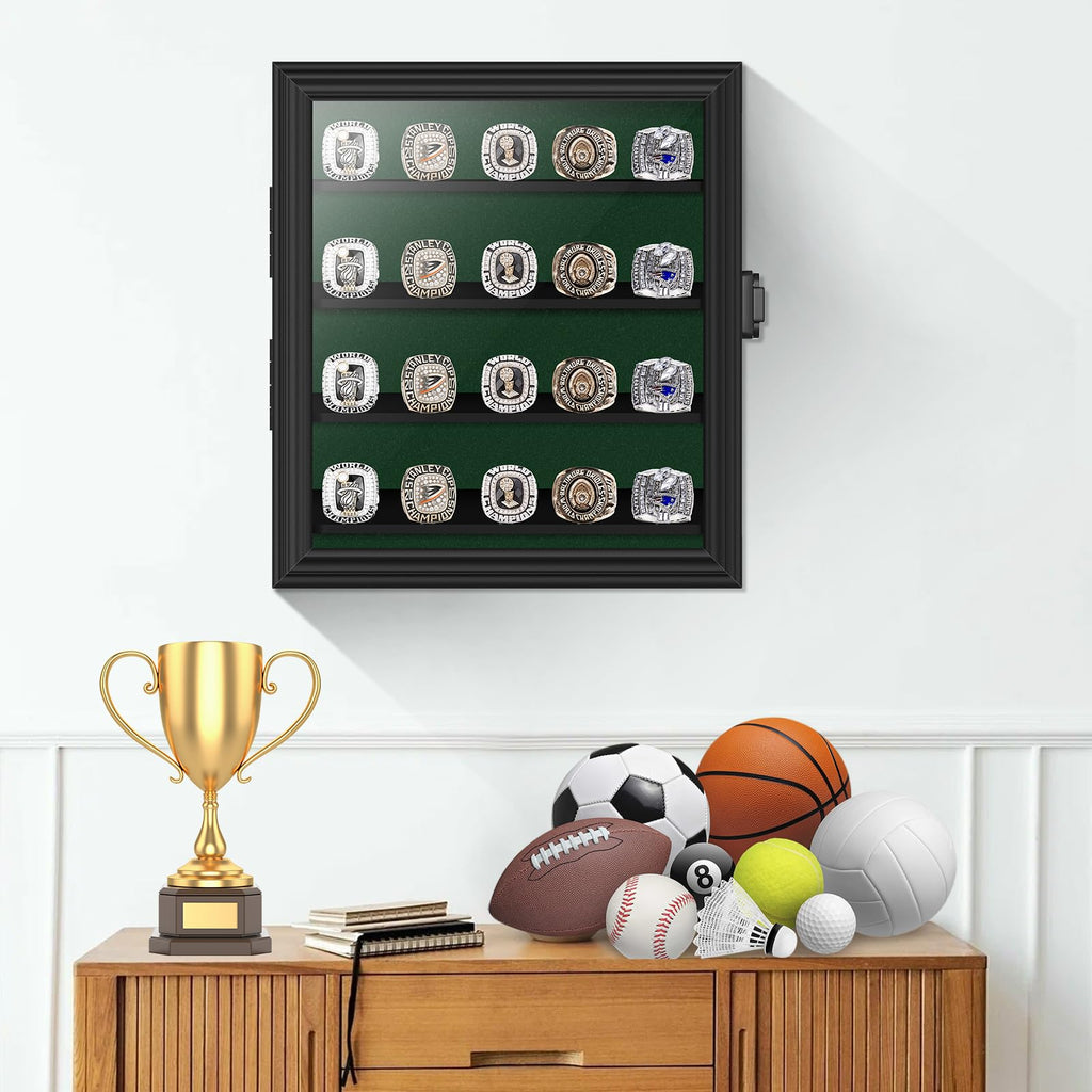 Championship Ring Display Case, Lockable Baseball Ring Holder with 20 Posts, Wooden Shadow Box Wall Mount for