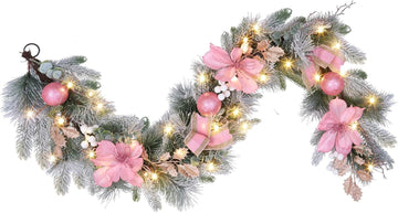 6 feet Christmas Pink Garland for Front Door with 30 LED Lights with Timer,Festive Lighted Holiday Snow Flocked