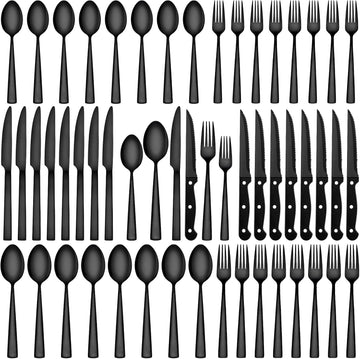 72-Piece Black Silverware Set with Steak Knives, Stainless Steel Flatware Set for 12, Tableware Cutlery Set