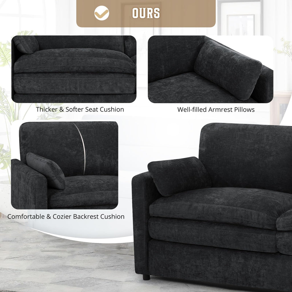 89" Chenille Soft Sofa w/Well-Filled Backrests, Black