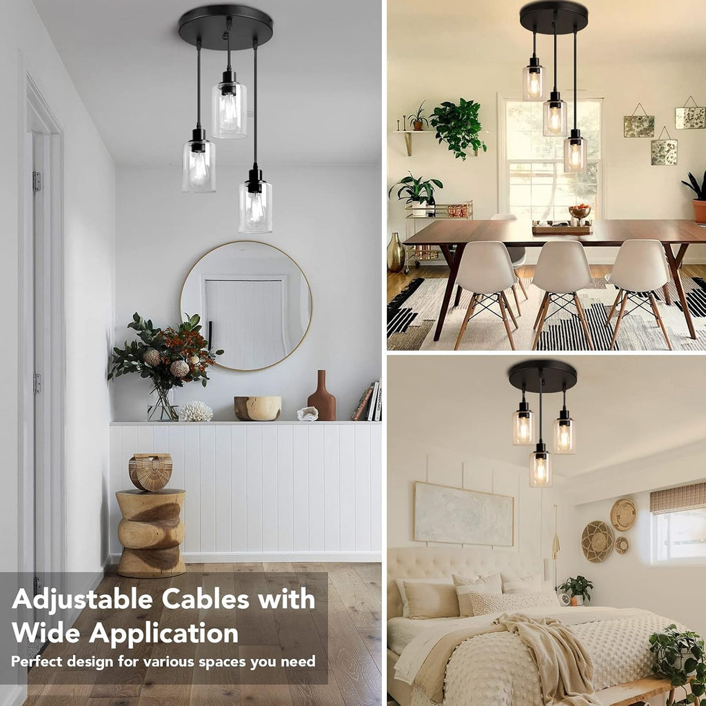 Industrial 3-Light Pendant Light, Adjustable Hanging Light Fixture with Clear Glass Shade, Pendant Lighting E26 Base