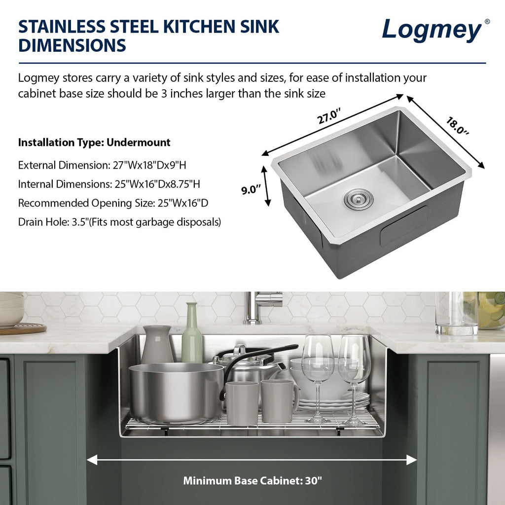 27 Inch Undermount 27x18 In Handmade Stainless Steel Kitchen Sinks 16 Gauge 9 Inch Deep Single Bowl Sinks 27x18x9