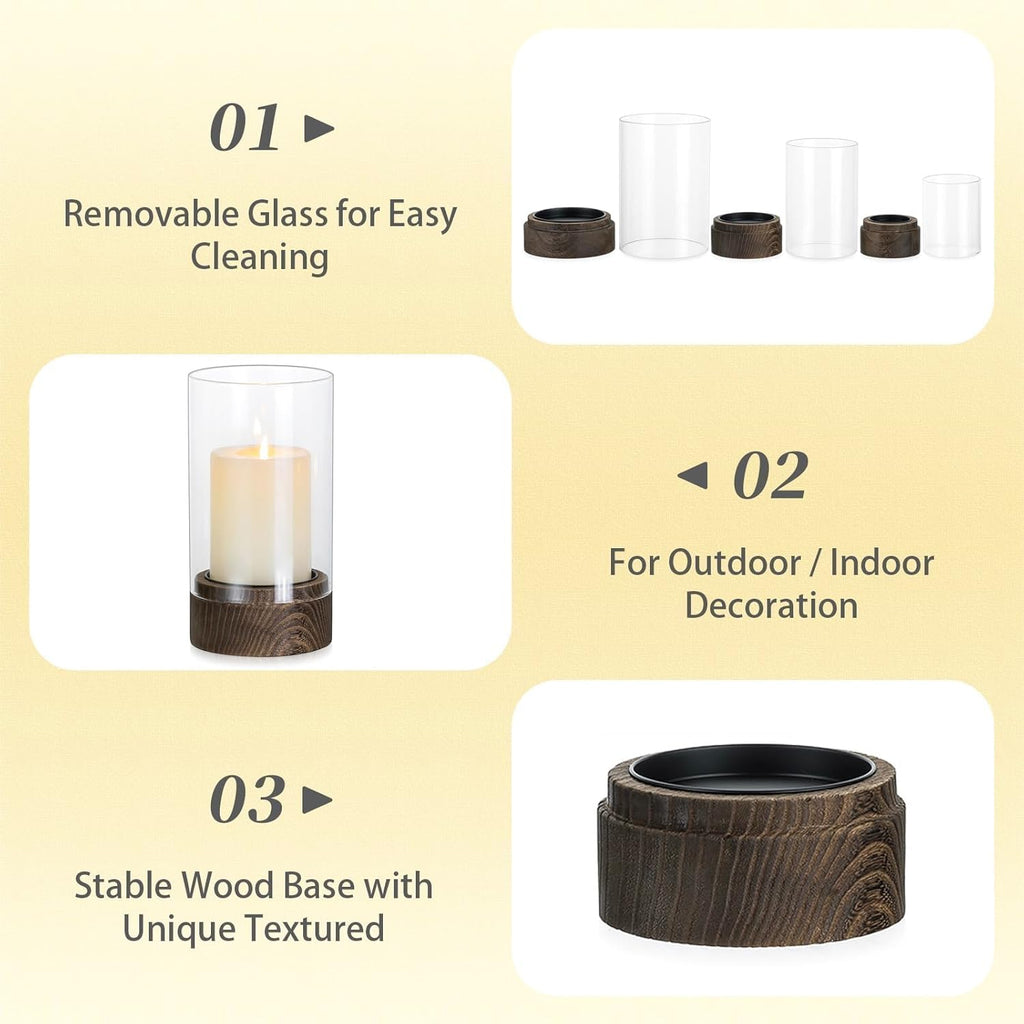 Hurricane Glass Candle Holder : Set of 3 Rustic Brown Candle Holders for Pillar Candles, Vintage Decorative Wood