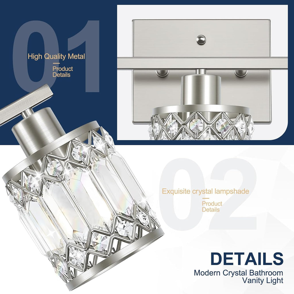 Crystal Modern Bathroom Light Fixtures, 4-Light Brushed Nickel Bathroom Vanity Wall Light, Vanity Lights for Mirror