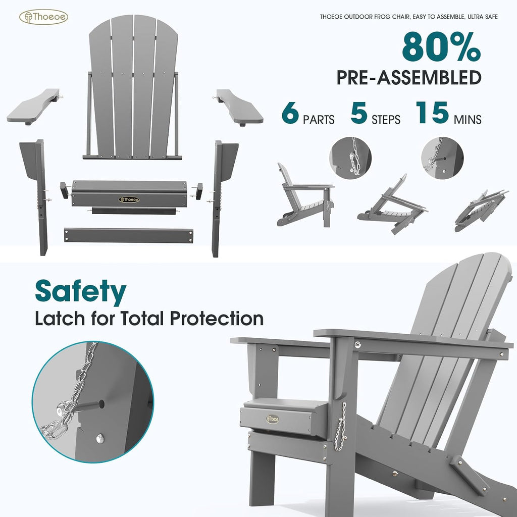 Folding Adirondack Chair Set of 2, HDPE All-Weather Outdoor Chair | Fire Pit Chair, Plastic Patio Chair for Deck, for