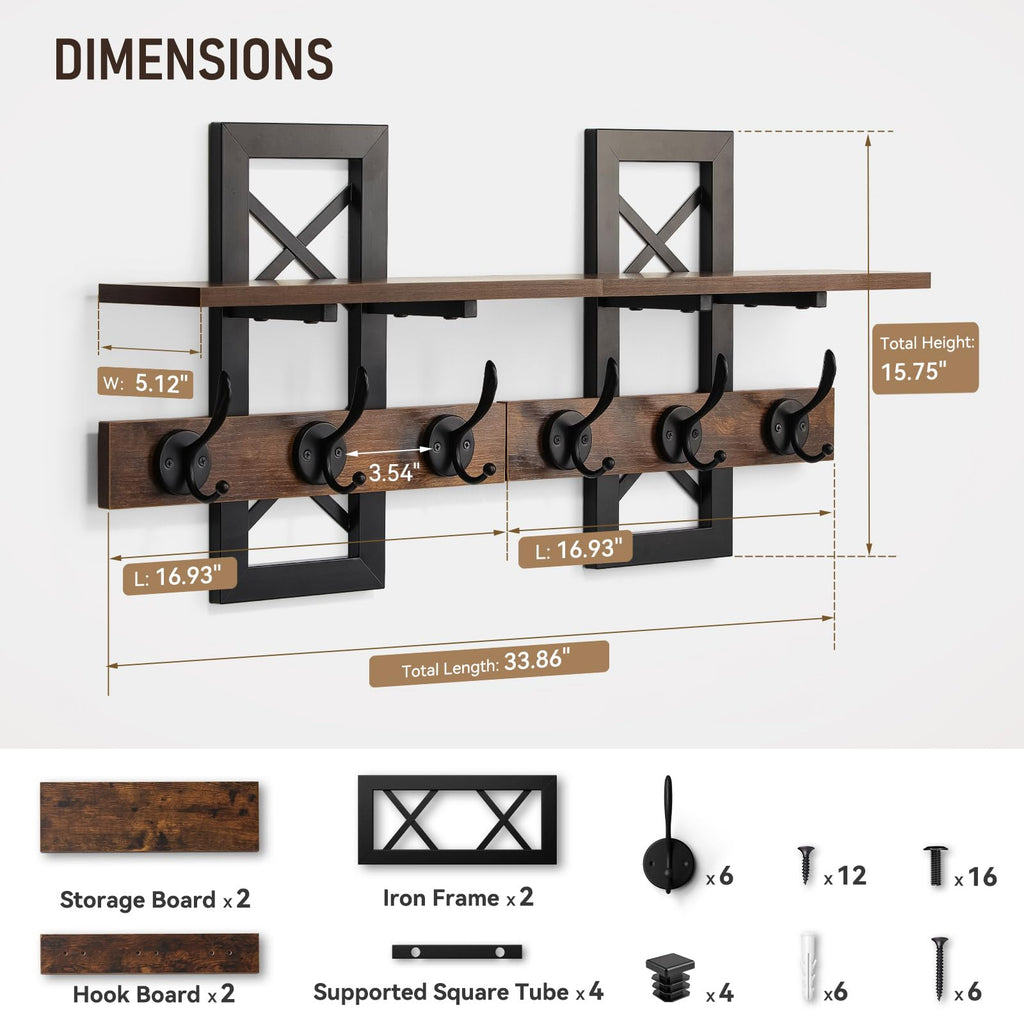 33.86" Wall Mounted Coat Rack with Shelf, Heavy Duty Entryway Wall Organizer with 6 Dual Hooks and Key Holder, Rustic