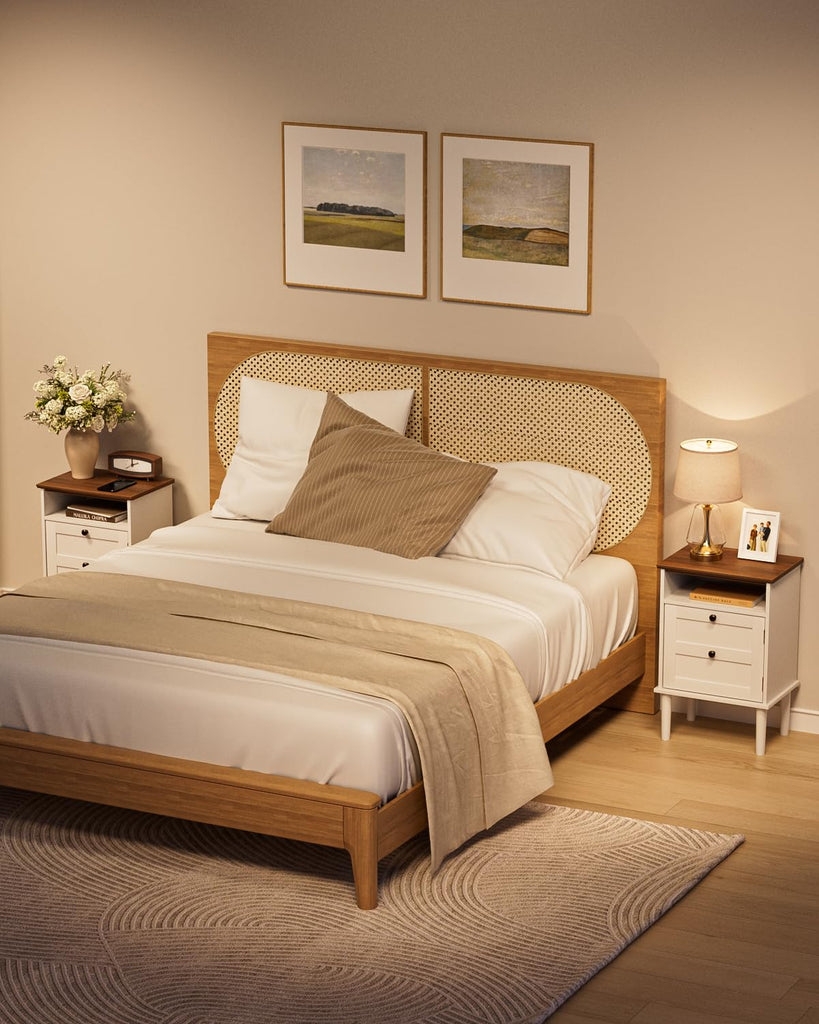 Nightstand, Boho Night Stand with 1 Drawer, Modern Side Accent Table with Open Shelf, Wooden Top Bedside End Table