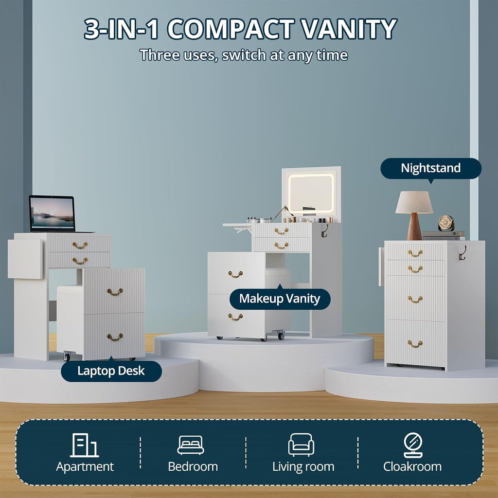 3-in-1 Vanity with Flip Mirror & Lights, Fluted Compact Vanity Table with 3 Drawers, Storage Compartment and Rolling