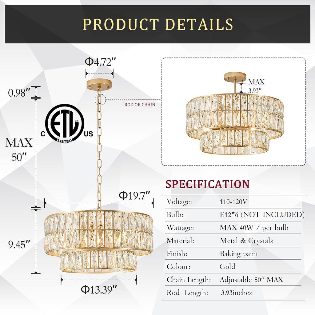 20'' Modern Gold Crystal Chandelier Luxury Semi Flush Mount Ceiling Light Fixtures 6-Lights Round Crystal Pendant