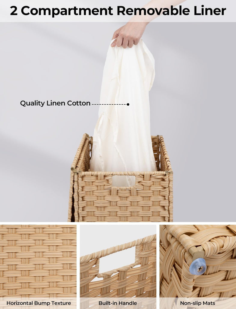 110L Wicker Laundry Hamper with Lid, 2 Section Wicker Laundry Basket, Large Basket for Dirty Clothes, Hamper with