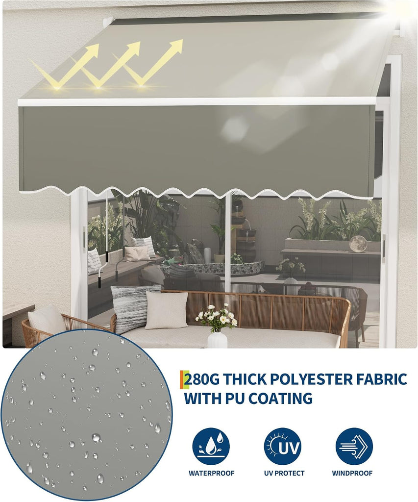 Manual Retractable Awning 10x8 ft Gray, 80 Sq.ft, Manual Crank, 5-35° Tilt, Waterproof UV50+ Deck