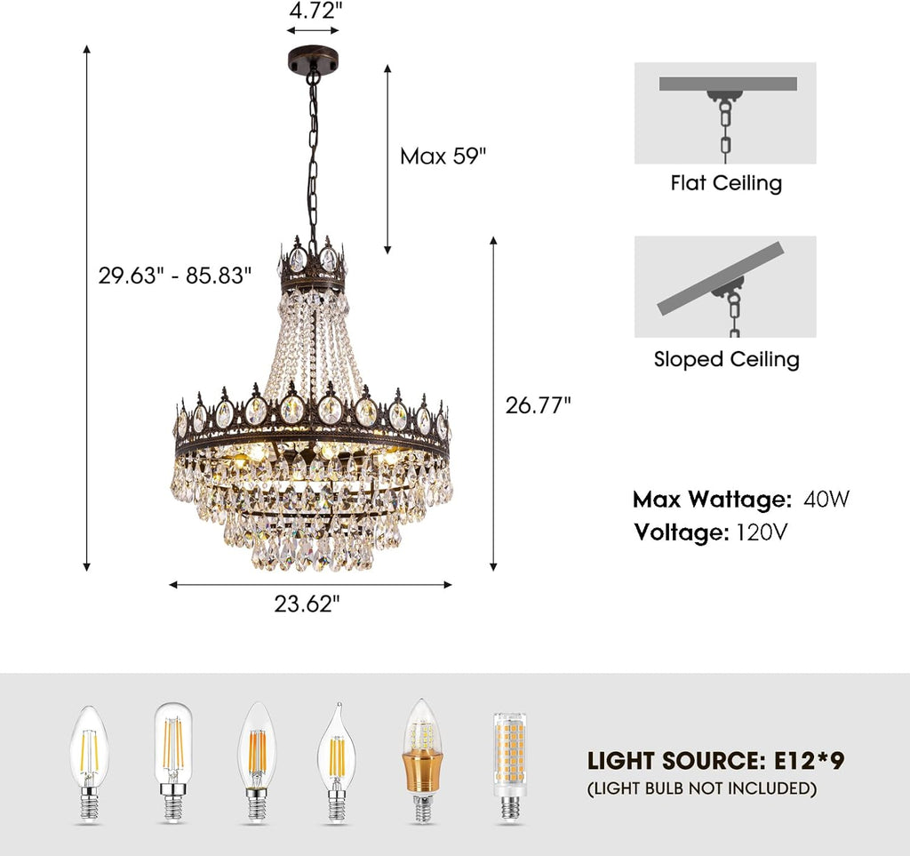 Large Crystal Chandeliers, Vintage French Empire Chandelier, Antique Bronze Crystal Pendant Light, Rustic Farmhouse Ceiling Light for Dining Room Bedroom Living Room Kitchen Foyer, W 24"