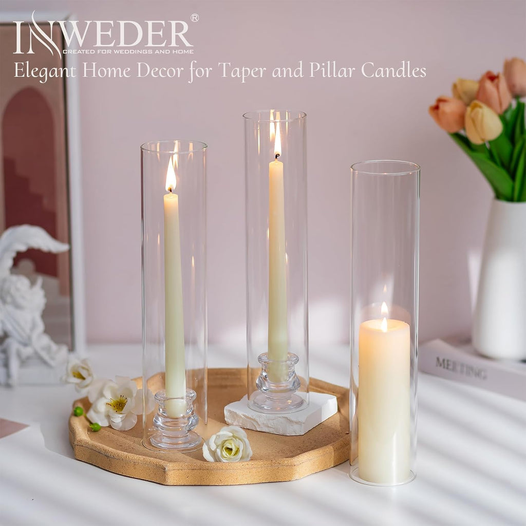 Hurricane Glass Candle Holders: 12" Tall Cylinder Cover Set of 6 | for 0.87" Taper, Windproof Chimney Cover, Clear