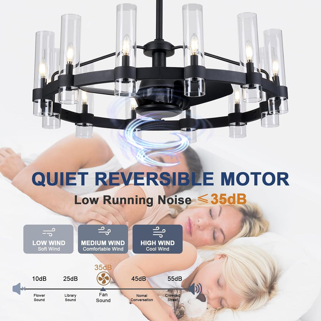 Inspired Ravelle Style Black Ceiling Fans with 12 Lights Wagon Wheel Chandelier, 38 Inch Modern Farmhouse Fandelier, Quiet 6-Speed Reversible DC Motor, 1/2/4H Remote Timing for Living Room/Bedroom/Kitchen