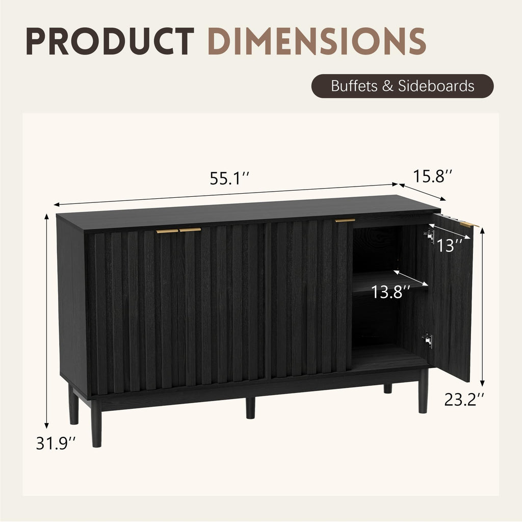55" Fluted Buffet Cabinet with Storage, Accent Cabinets, Black