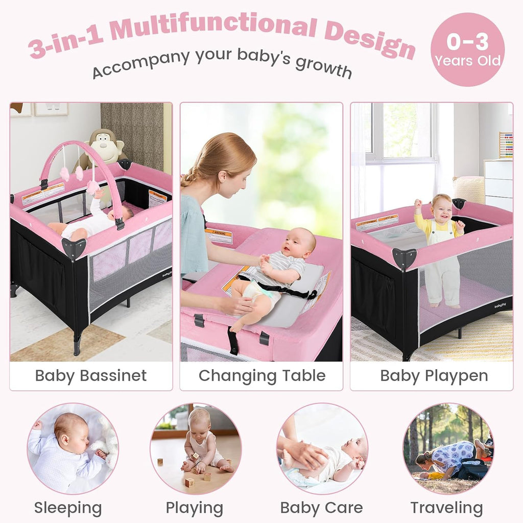 3 in 1 Pink Pack and Play, Travel Baby Crib Bassinet Bed with Bassinet for Girl, Changing Table w/Safety Belt