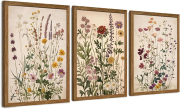 Vintage Color Wildflower Canvas 3 Pieces Wall Art, Nature Floral Artwork Wall Decor, Botanical Art Prints Living Room