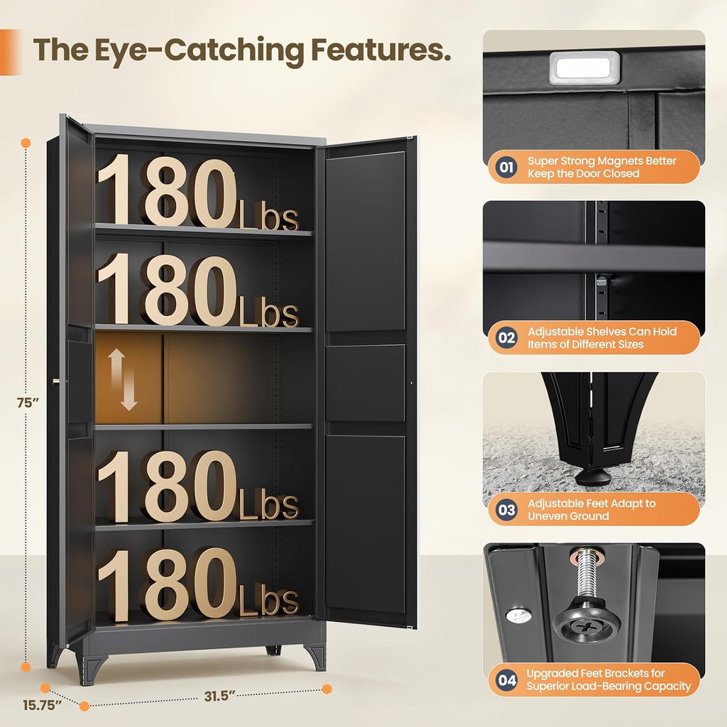 Metal Pantry Cabinet, 75" Kitchen Pantry with 2 Door and 4 Adjustable Shelves,Black Metal Pantry Storage