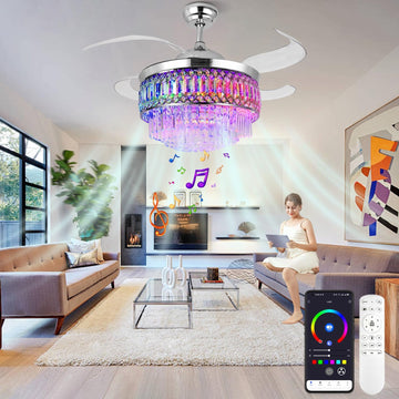 Retractable Crystal Ceiling Fan with Lights, Bluetooth Ceiling Fan with Speaker, 6-Speed Reversible Blades