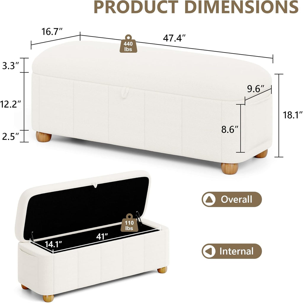 47.4" Ottoman with Storage, End of Bed Bench with Soft Upholstered Seat, Storage Ottoman Bench with Side Pocket