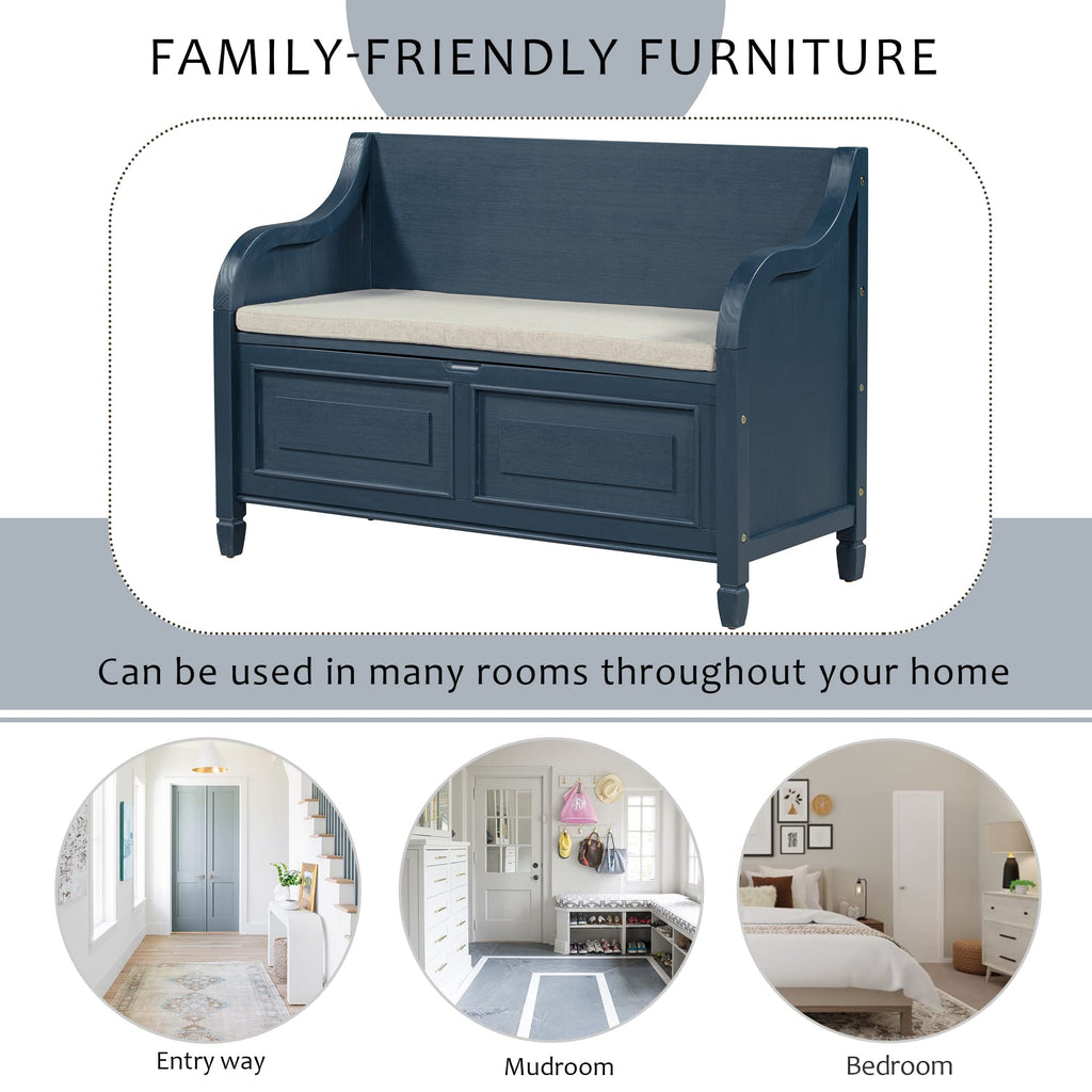 42 Inch Rustic Style Storage Bench, Antique Navy and Beige
