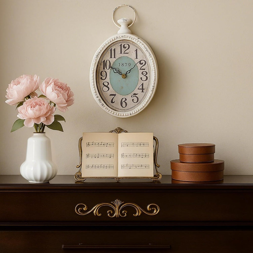Oval Retro Wall Clock, Rustic Silent Clocks, Elegant Vintage Style, White Antique Design