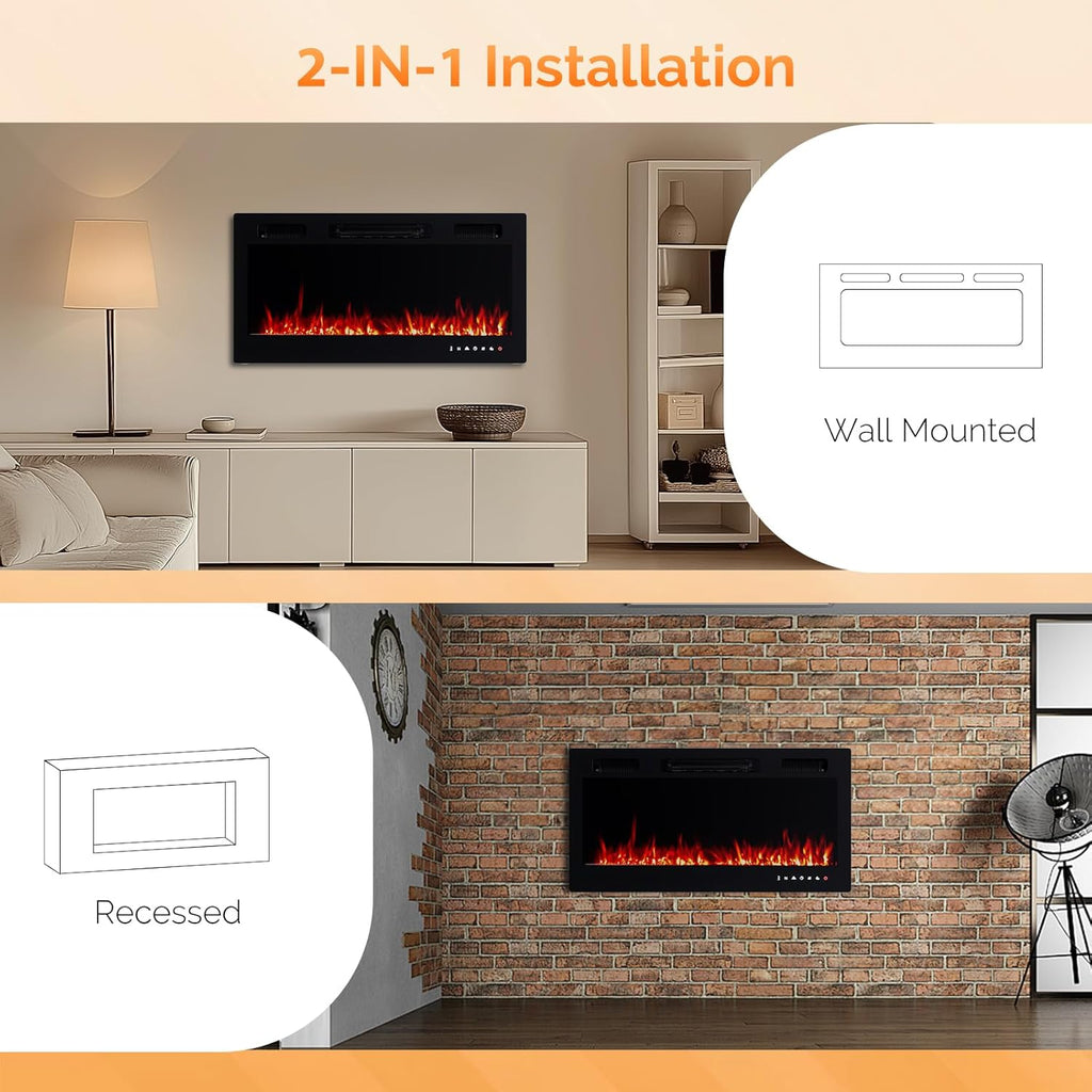 30 Inch Electric Fireplace with Remote Control, 1500W Wall Mounted & Recessed Fireplace with 12H Timer