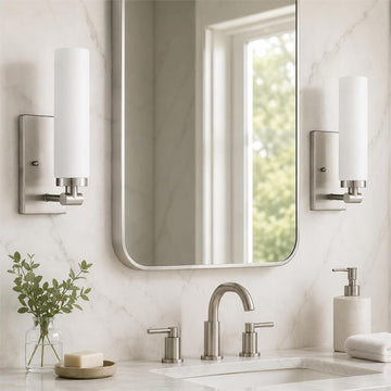 Brushed Nickel Wall Sconces, 2 Light Bathroom Light Fixtures with Milk Glass Shade, Modern Wall Lights , Mirror