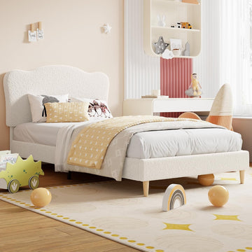 Upholstered Sturdy Twin Bed Frame for Kids, Girls, Boys, Beige | Scallop Headboard, Cute Velvet Platform Bed, No Box