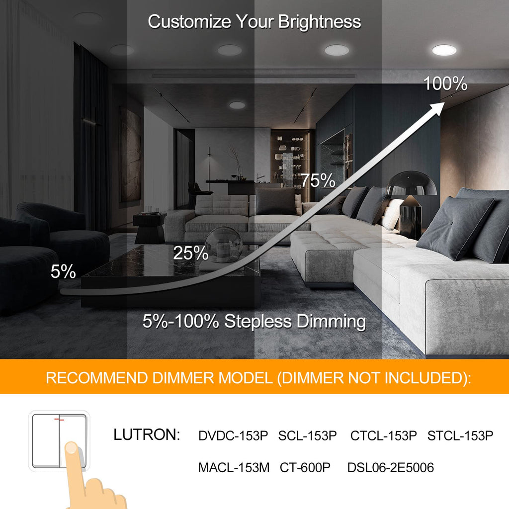 6 Pack 8 Inch LED Recessed Lighting with Junction Box Ultra-Thin, 3000K/4500K/6000K Selectable, 8" Dimmable Canless
