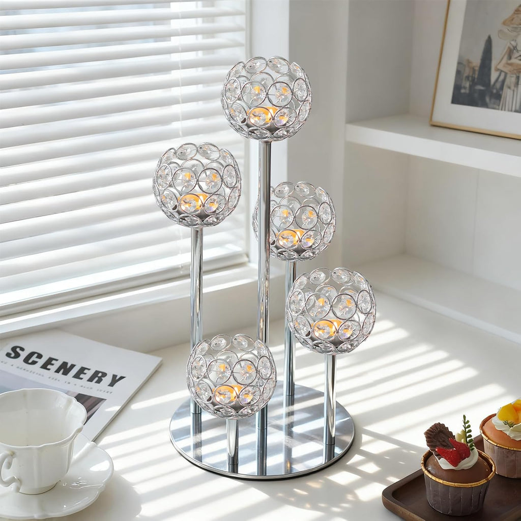 5-Arm Crystal Tealight Candelabra Centerpiece, 14.8 Inch Metal Candle Holder for Table Decor, Wedding, Christmas