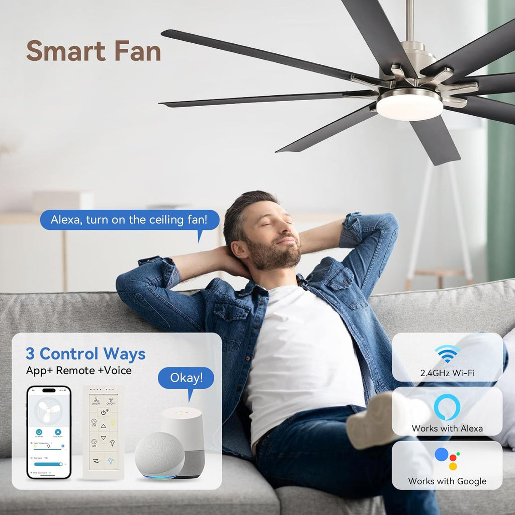 Smart Ceiling Fans with Lights, 52'' Ceiling Fan with Light and Remote, Work with Alexa/Google