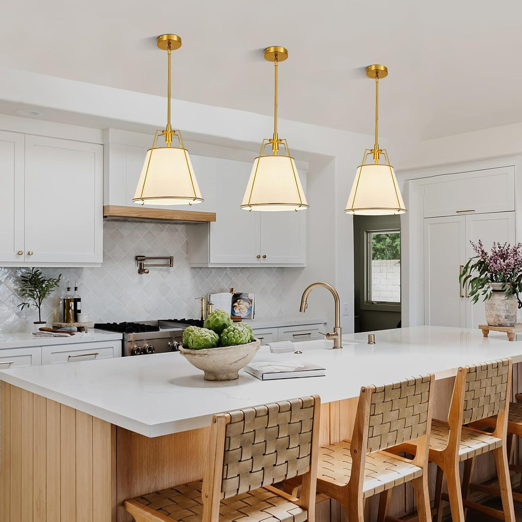 Modern Pendant Light Fixtures with 12" White Linen Fabric Shade, Adjustable Hanging Light Fixture,Drum Gold Vintage