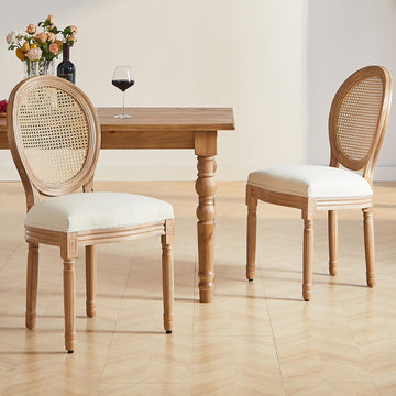 French Country Dining Chair Set of 2, Vintage Chic Woven Rattan, Upholstered and Carved Wooden Frames, Beige Linen