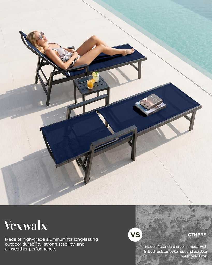 Patio Chaise Lounge Chair Outdoor with Wheels&Armrests, Aluminum Pool Lounge Chairs 5-Position Adjustable Recliner