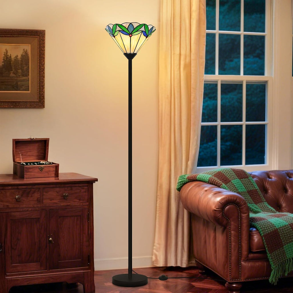 Floor Lamp with Tree Leaf Stained Glass Shade, Torchiere Floor Lamp, Tall Corner Pole Lamp with Foot Switch