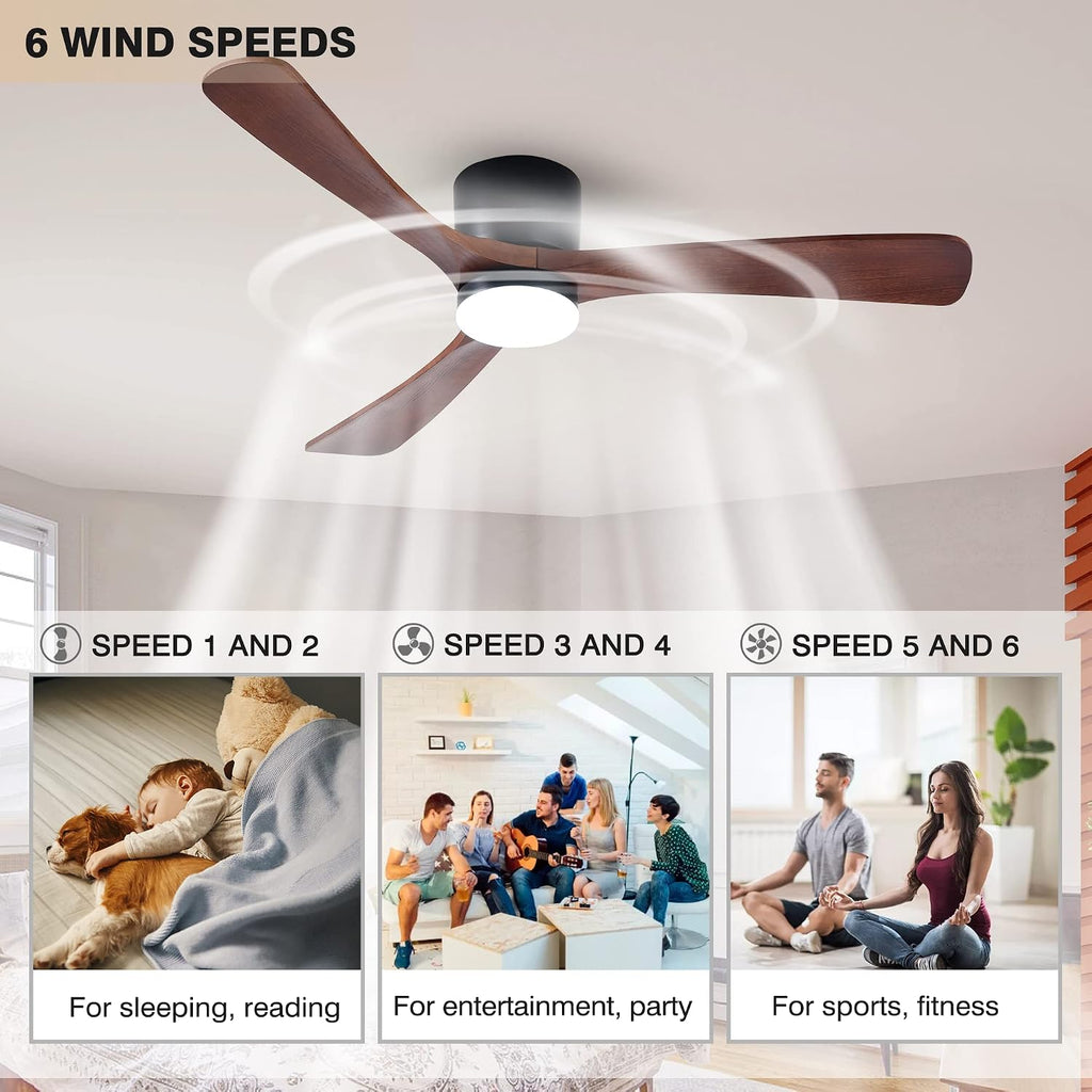 Modern 52 Inch Low Profile Flush Mount Ceiling Hugger Fan with LED Lights and Remote Control - 3 Wood Blades, Reversible DC Motor, 6 Speeds, Timer - Walnut and Matte Black