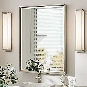 Brushed Nickel Bathroom Mirror, 22X30 Inch Beveled Framed Bathroom Mirror Anti-Rust, Brushed Nickel Metal Frame